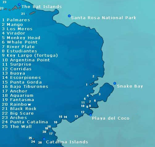 map costa rica duikplaatsen