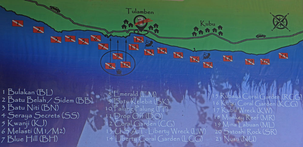 map duikplaatsen bali tulamben indonesie