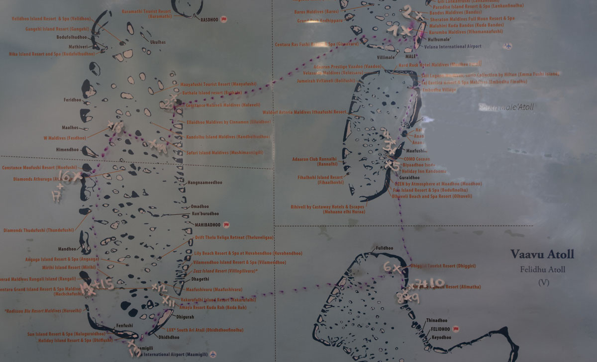 map duikplaatsen malediven