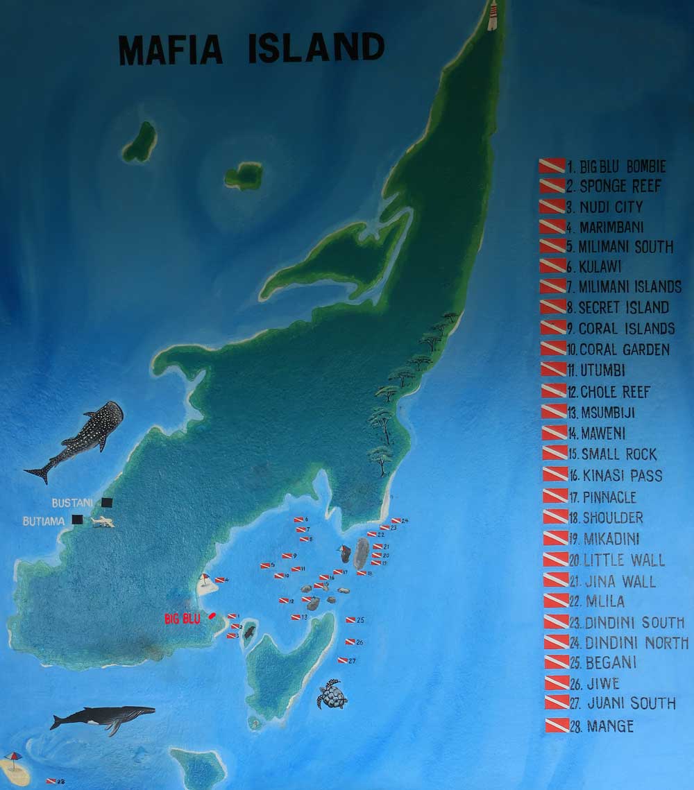 map duikplaatsen mafia Island